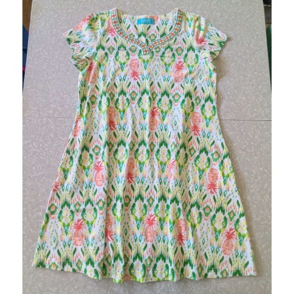 Kate Landry Casuals M Green Pineapple Ikat Print‎ Pocket T-Shirt Caftan Dress